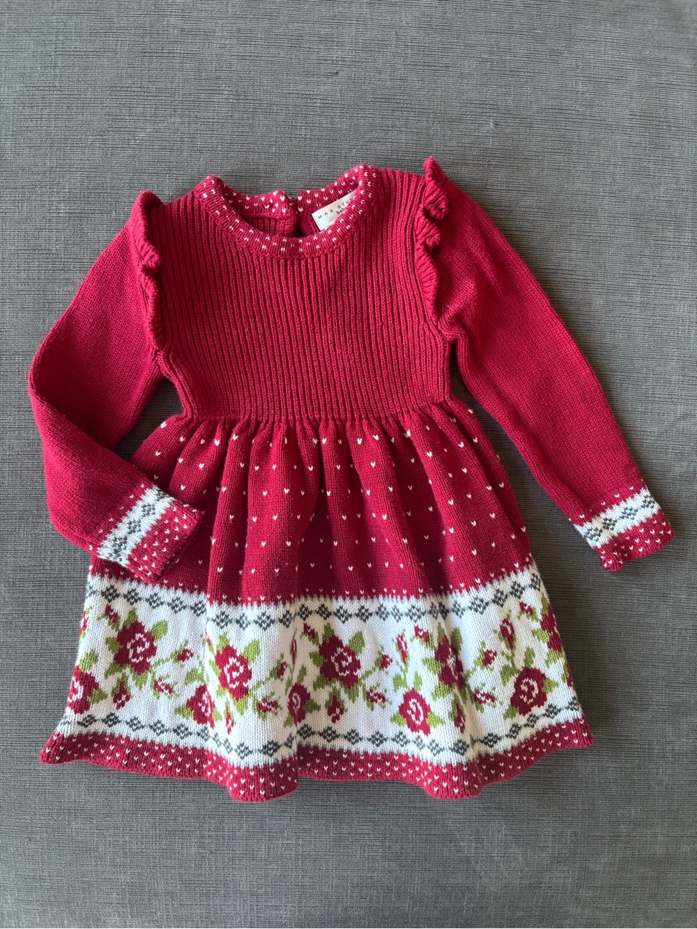 Max Studio Baby Red Rose Knit Sweater Dress Ruffle Shoulder 12 Months holiday